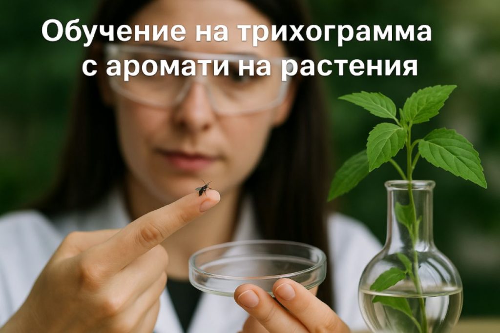 Жена с очила, държаща трихограма на пръста си, с растение и стъклен съд на масата.
